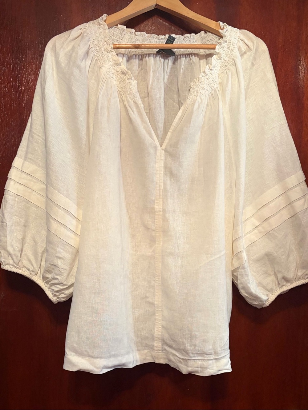Terra & Sky Cream Peasant Blouse with Smocked V-Neck